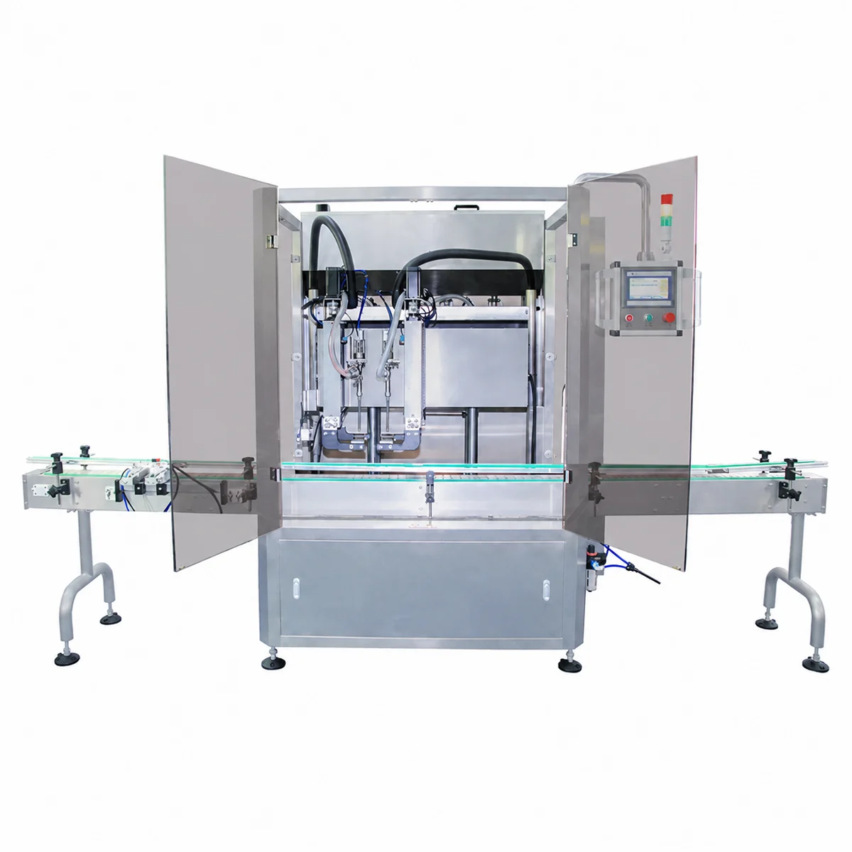 2-head tracking filling machine with open safety doors and conveyor