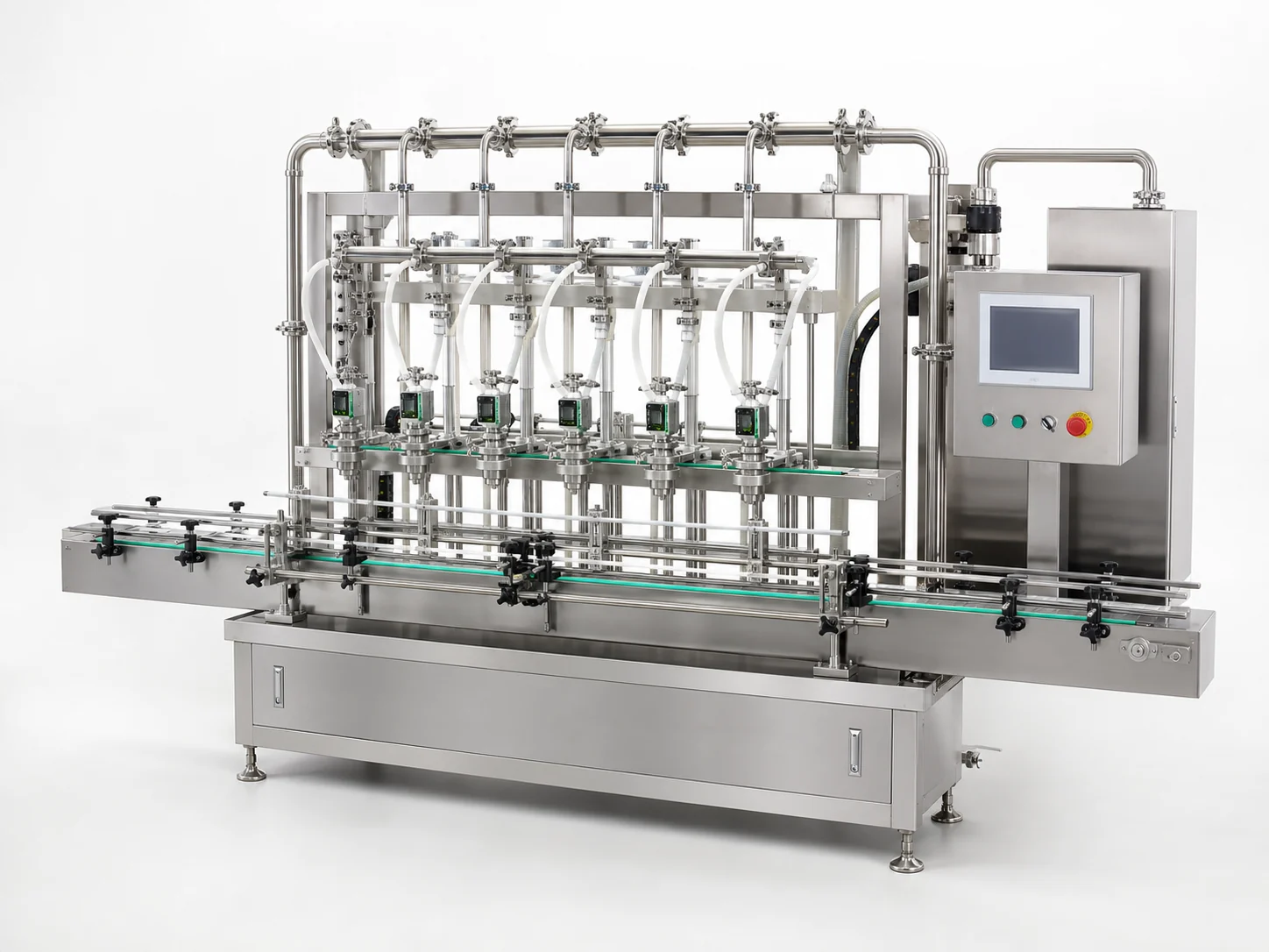 Automatic flow meter filling machine with six filling heads and inline conveyor