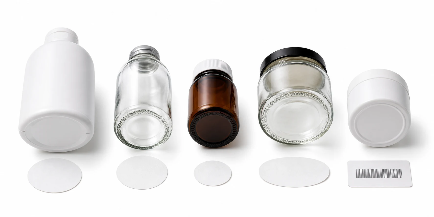 Daily chemical, glass, small amber, food jar and cosmetic containers with visible base surfaces and separate bottom labels