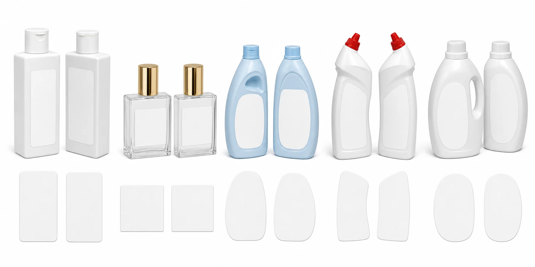 Personal care, cosmetic, daily chemical, cleaning and chemical bottles with paired blank front and back labels
