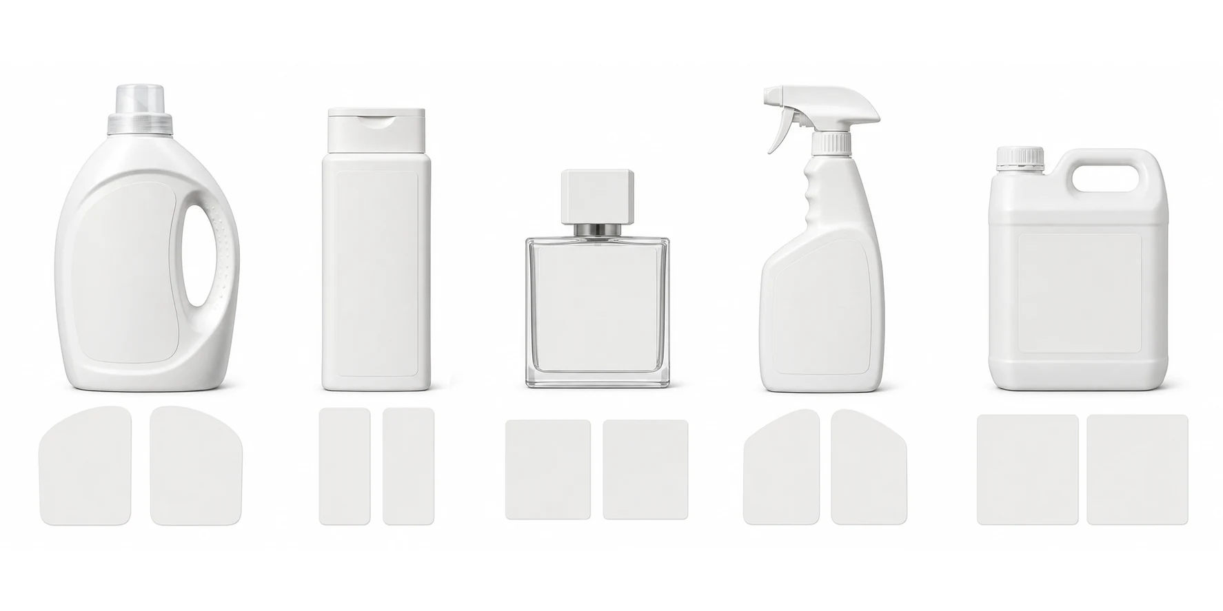 Flat detergent, personal care, cosmetic, cleaning and chemical containers with separate blank panel labels