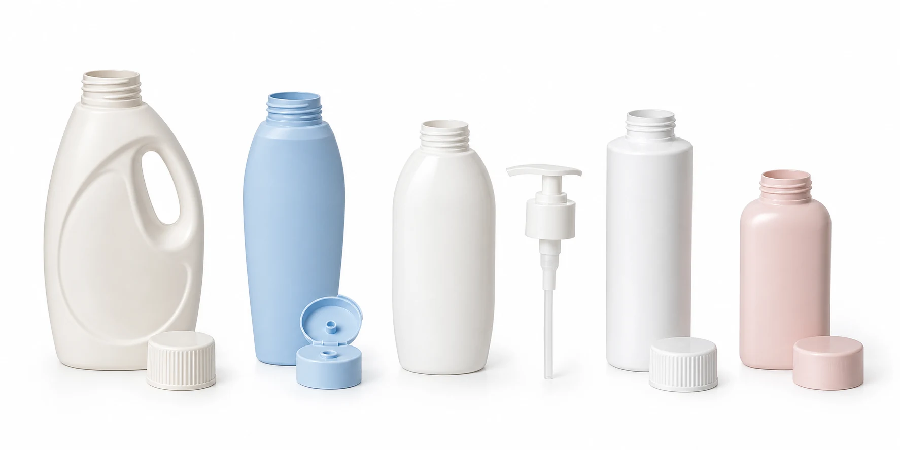 Detergent, shampoo, lotion, chemical and personal care bottles with screw, flip-top and tested pump closures for four-wheel capping