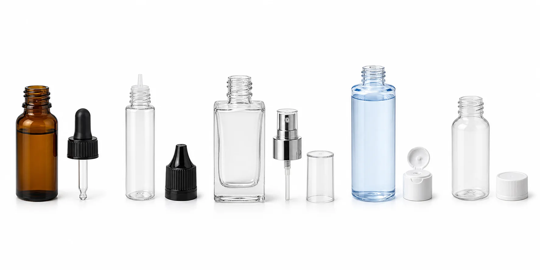 Essential oil, e-liquid, fragrance essence, cosmetic toner and chemical liquid bottles with separate closures for gear pump filling