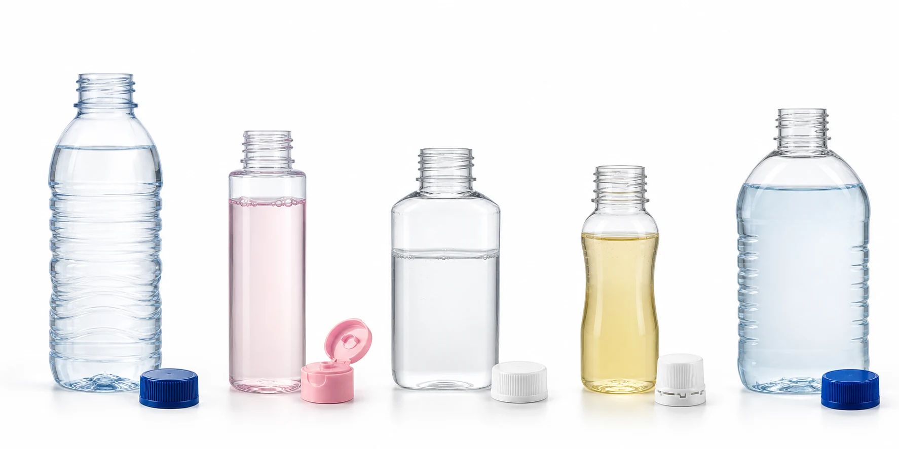 Water, toner, disinfectant, seasoning and water-like cleaner bottles with separate closures for gravity filling