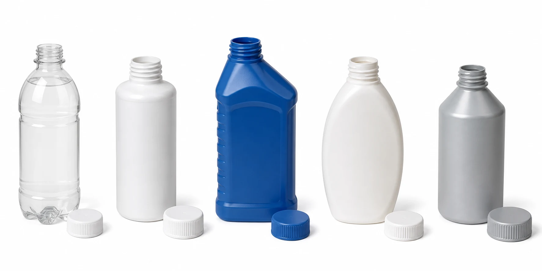 Round, cylindrical, rectangular, flat and chemical bottles with separate standard screw caps for automatic linear capping