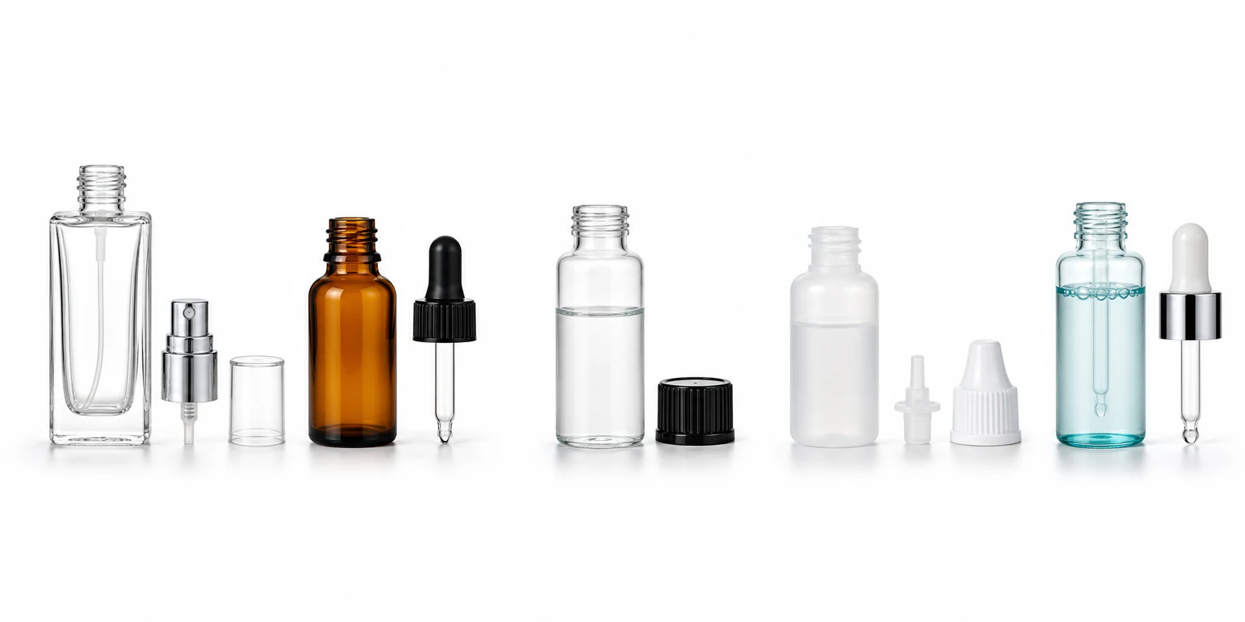 Perfume, essential oil, reagent, eye drop and cosmetic serum bottles with matching spray, dropper, screw and nozzle closures for peristaltic filling