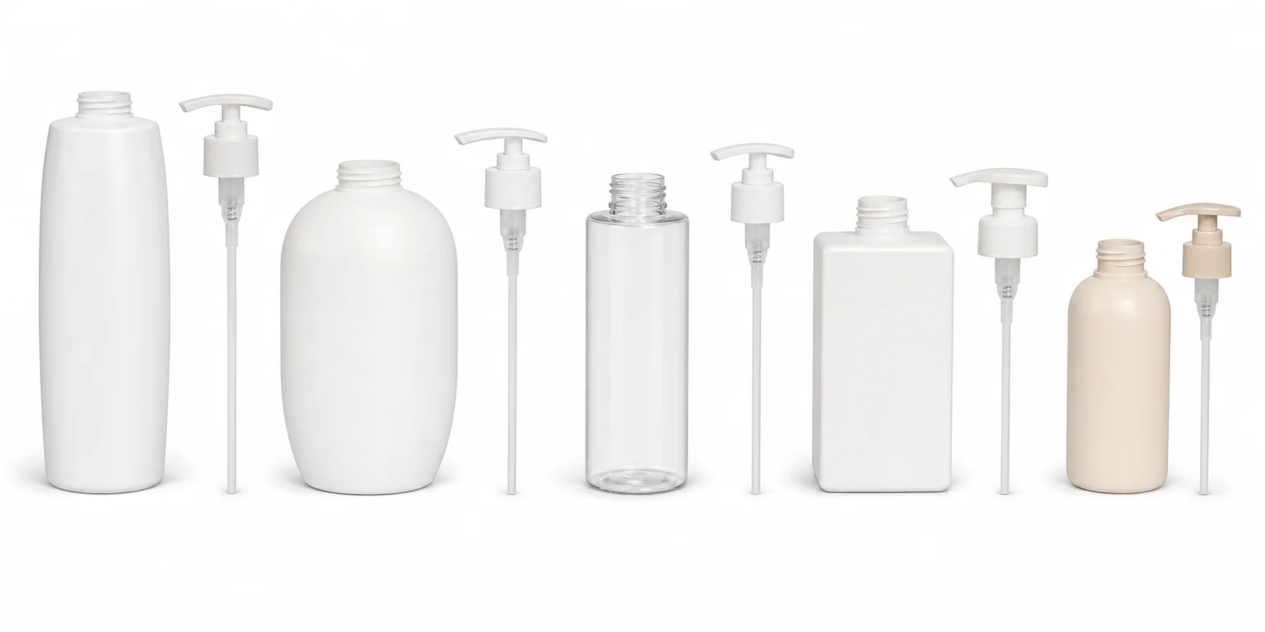 Shampoo, lotion, hand soap and cosmetic bottles with separate long dip tube pump heads for automatic feeding and placement