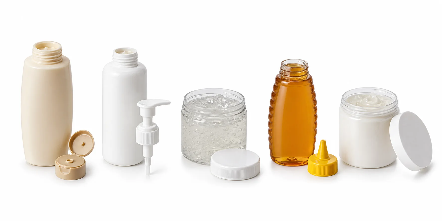 Conditioner, lotion, thick gel, honey style product and cream paste packages with separate closures for rotor pump filling