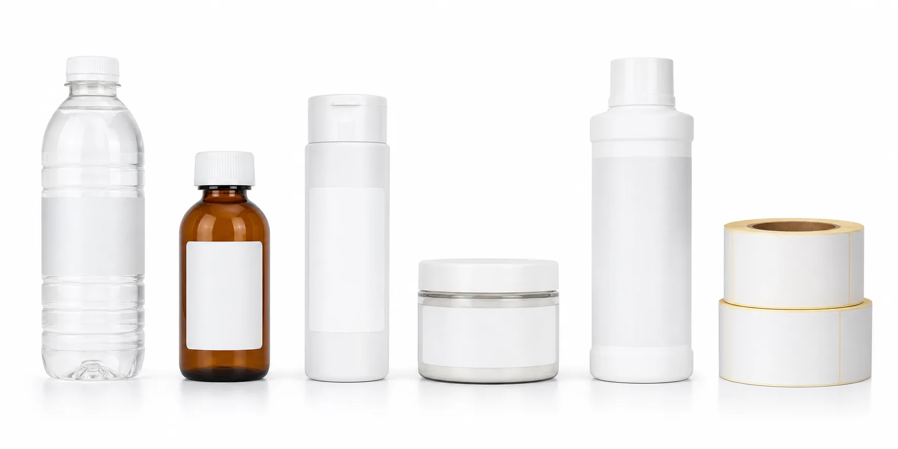 Round plastic, glass, cosmetic and daily chemical bottles with blank wrap around and fixed position labels