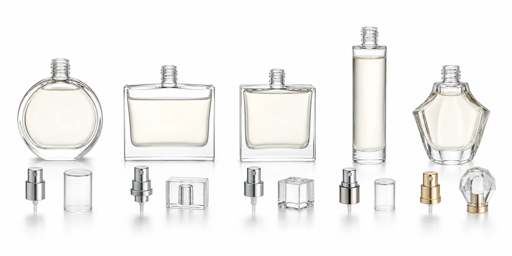 Round, flat, square, tall and special-shaped perfume bottles with separate spray pumps and overcaps for vacuum perfume filling review