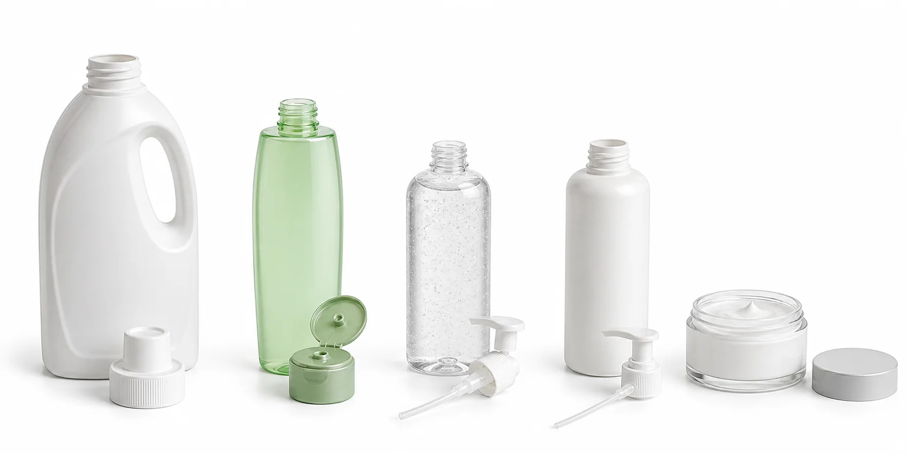 Detergent, shampoo, hand sanitizer gel, body lotion and cosmetic cream containers with separate closures for servo piston filling