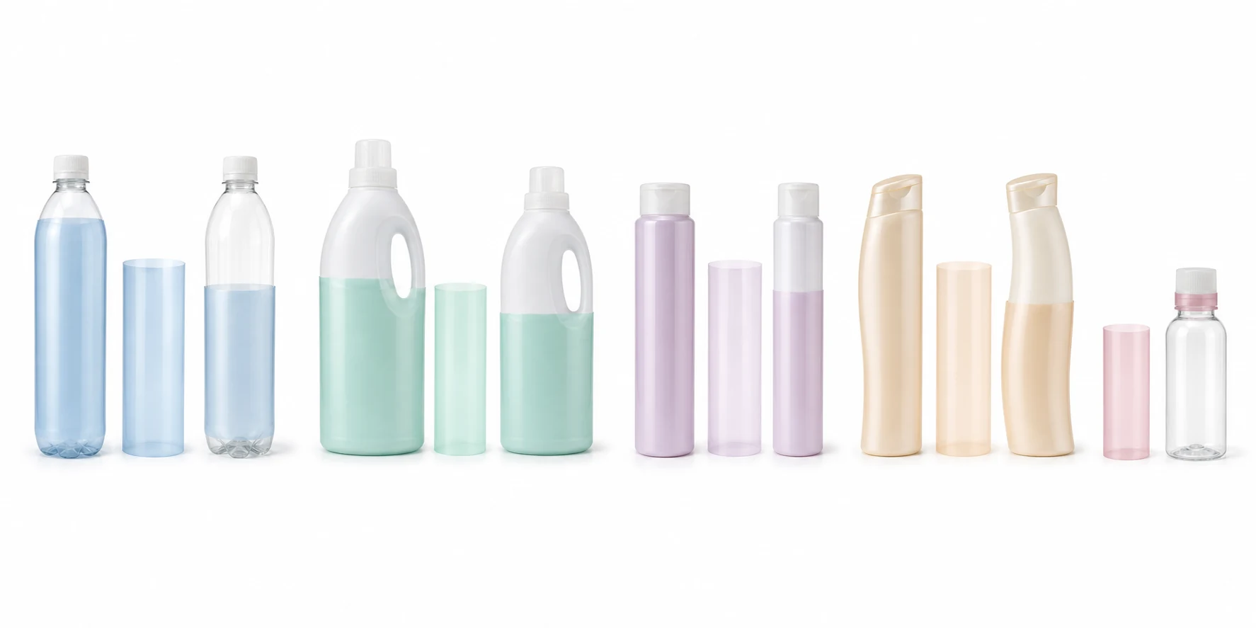 Beverage, daily chemical, cosmetic, shaped personal care and small bottles with translucent shrink sleeves and tamper-evident neck bands
