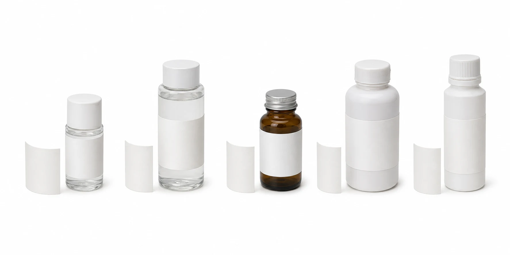 Small cosmetic, toner, amber, daily chemical and reagent round bottles with blank self-adhesive labels for star-wheel labeling