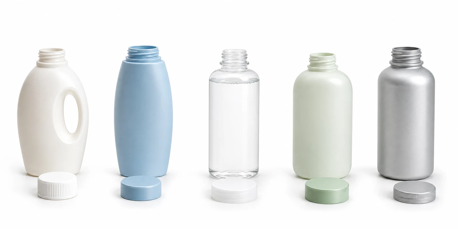 Daily chemical, shampoo, cosmetic, personal care and chemical bottles with separate round screw caps for swing arm capping