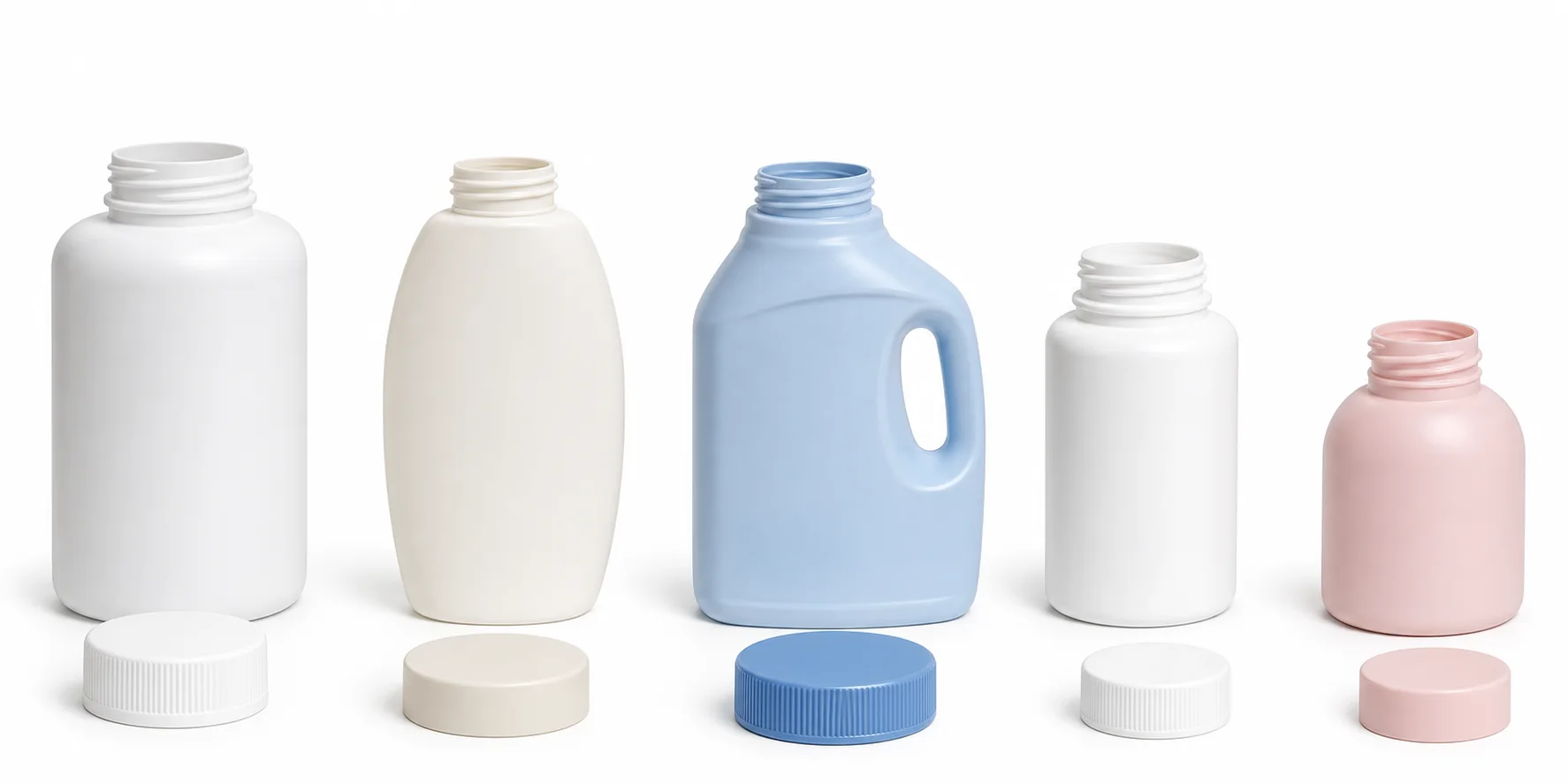Round and flat bottle examples with separate standard round flat screw caps for tracking pick and place capping