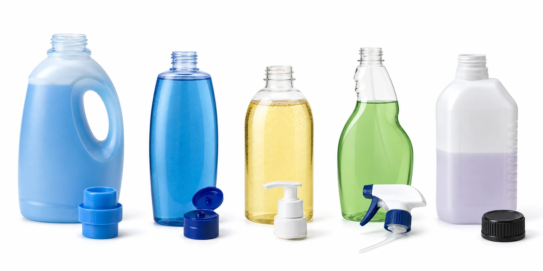 Detergent, shampoo, liquid soap, trigger cleaner and chemical bottles with separate downstream closures for tracking filling