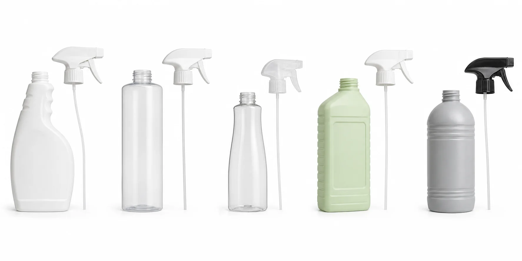 Cleaner, chemical, personal care and agrochemical spray bottles with separate trigger sprayer closures and dip tubes