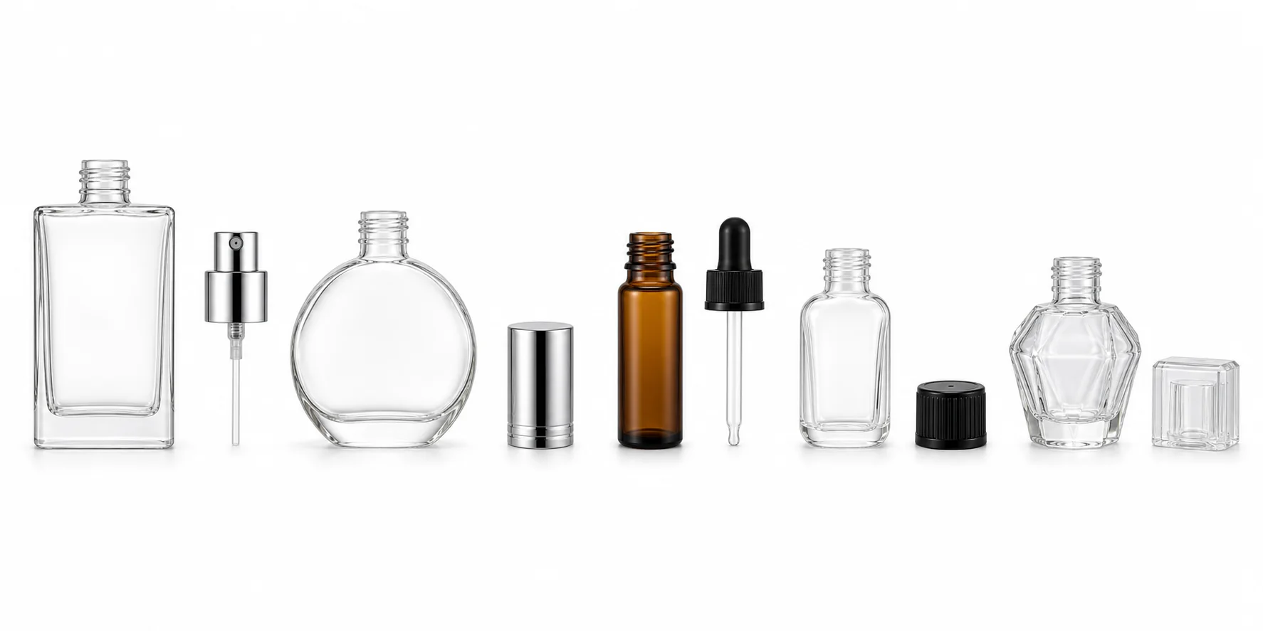 Perfume, essential oil, alcohol and small glass bottle examples with separate closure components for vacuum filling line planning