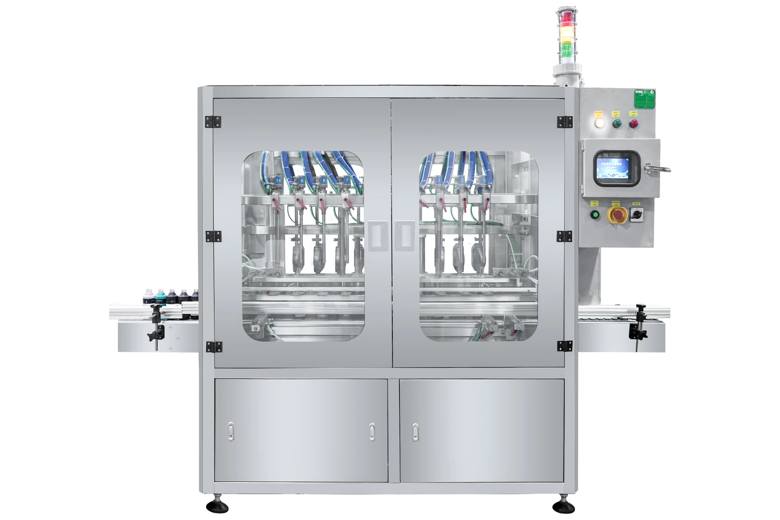 10-head flow meter filling machine with inline conveyor