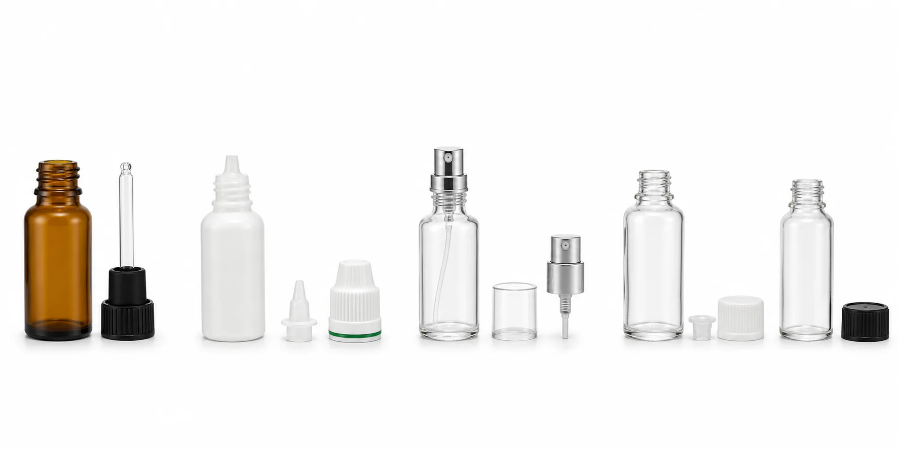 Small cosmetic bottles with droppers and screw closures