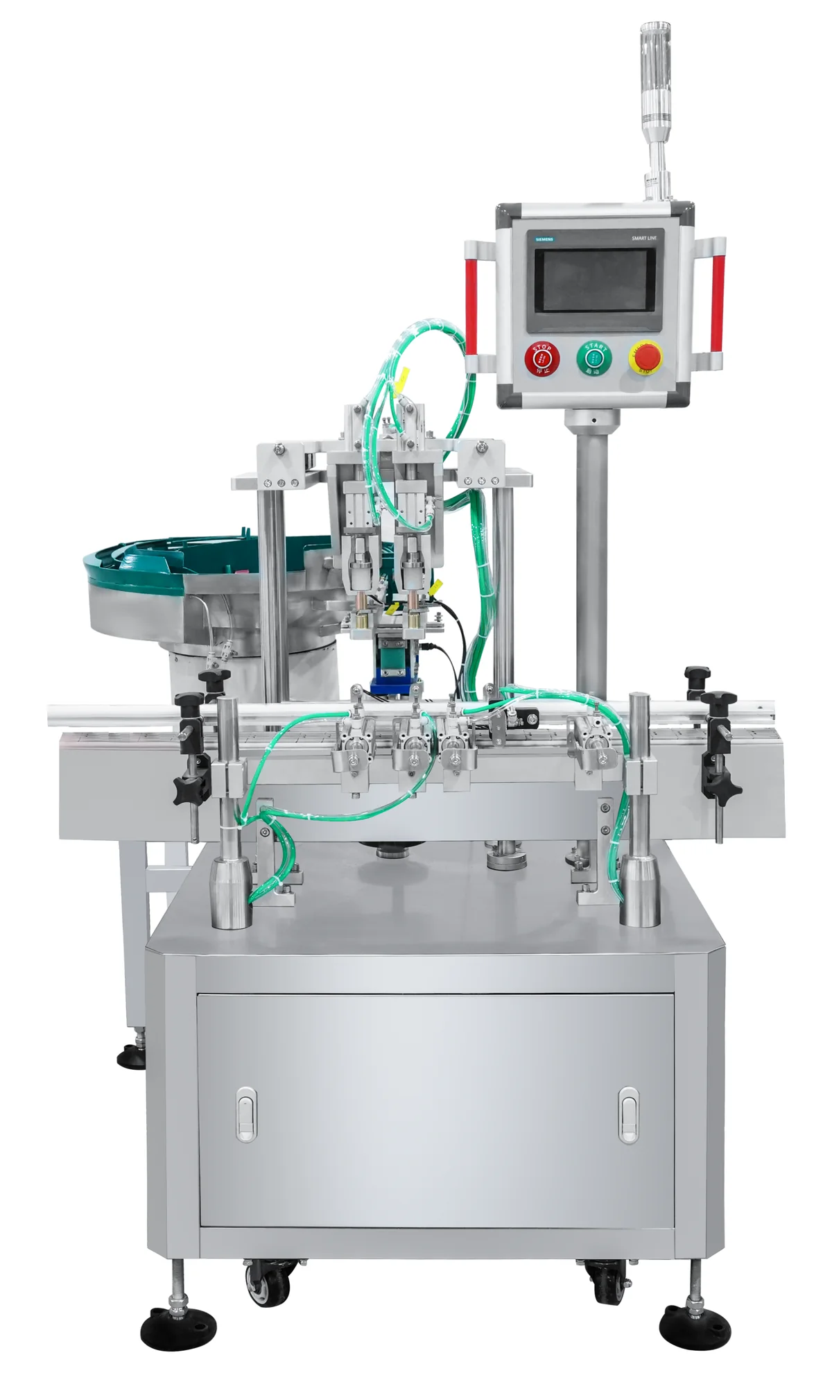 Automatic perfume closure placement station with vibratory bowl, dual handling heads and touchscreen